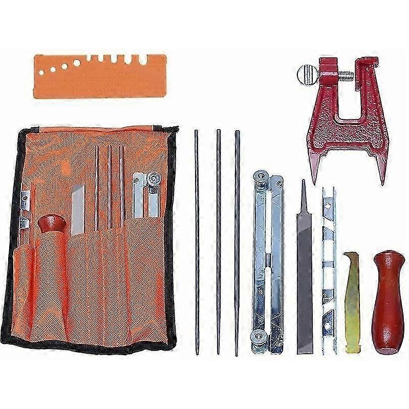 Universal Chainsaw Sharpening Kit, Chainsaw File Set with Files, Wooden Handles, Depth Gauge, Polishing Guide, Tool Bag and Bench Screws
