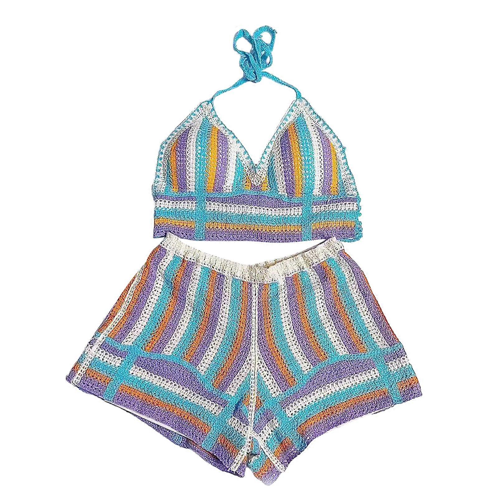 Colorful Knit Set Comfortable Halter Top and Shorts Fashionable Color Collision Suitable for Various Occasions  Sky Blue
