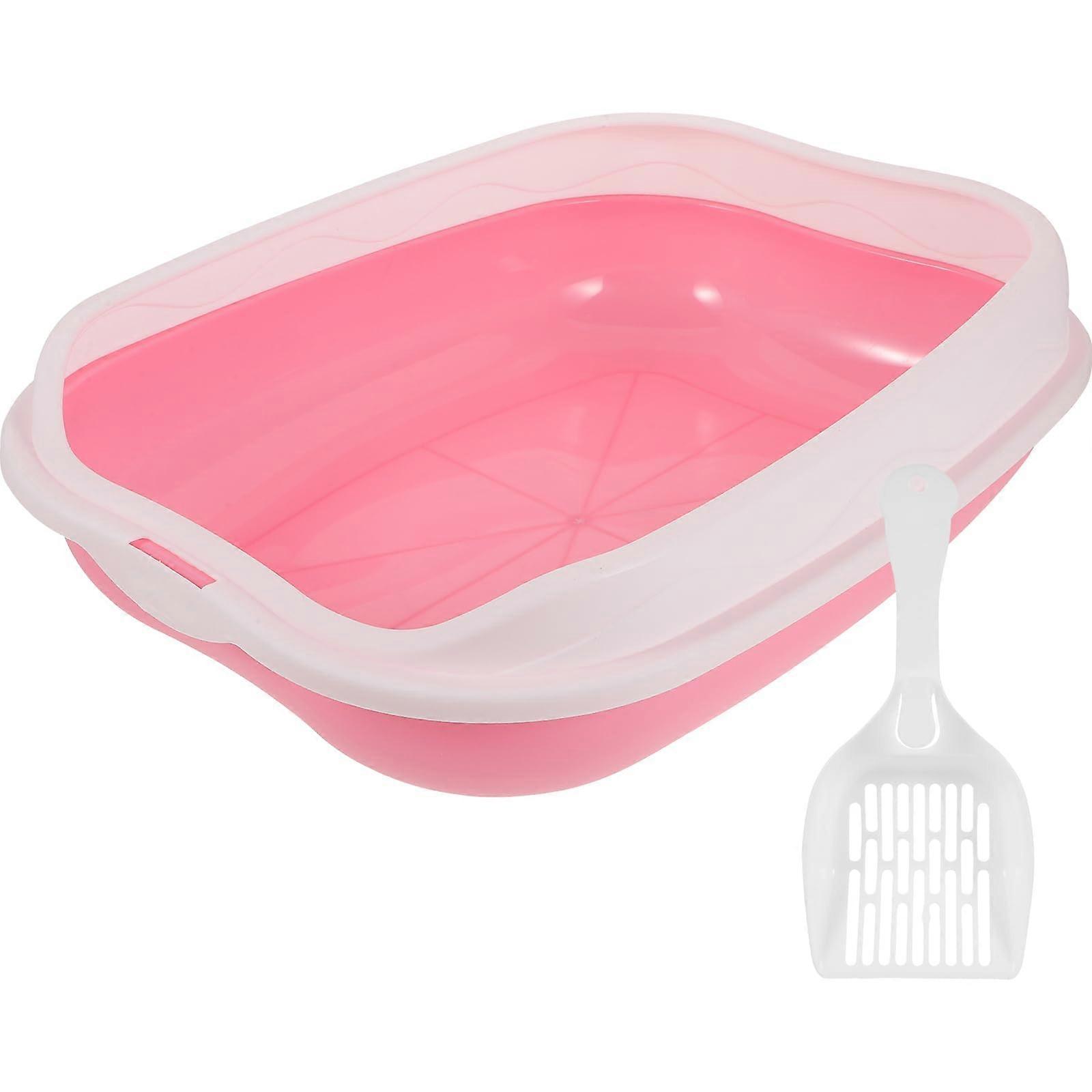Cat Litter Box Pink Plastic Kitten Tray with High Sides for Easy Cleaning and Odor Control