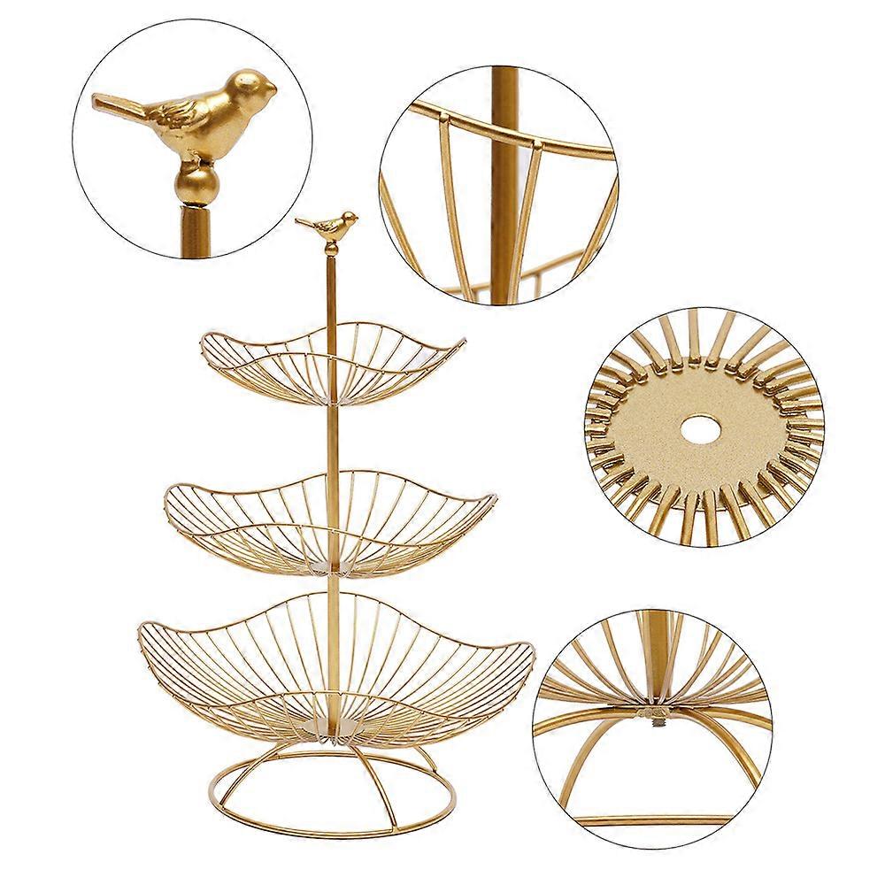 Plateau de fruits à 3 niveaux, support de bol de fruits doré, panier de rangement de fruits, assiette de fruits avec motif d’oiseau sur le dessus, bol de corbeille de fruits pour le salon