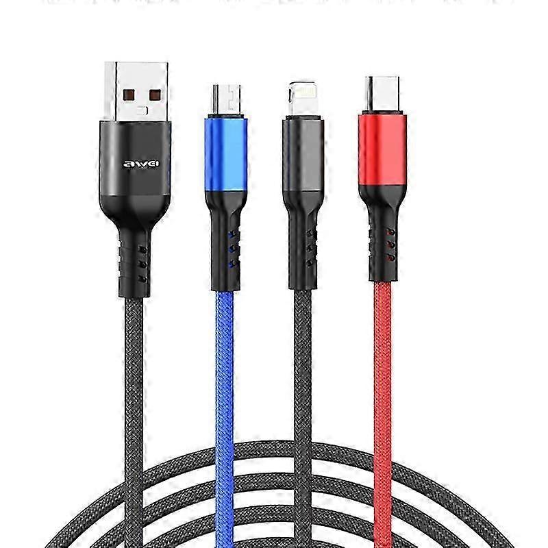 Câble de charge multiple 3 en 1 Awei CL-971 1,2 m 2,4 A USB vers 8 broches + Micro USB + USB-C / Type-C