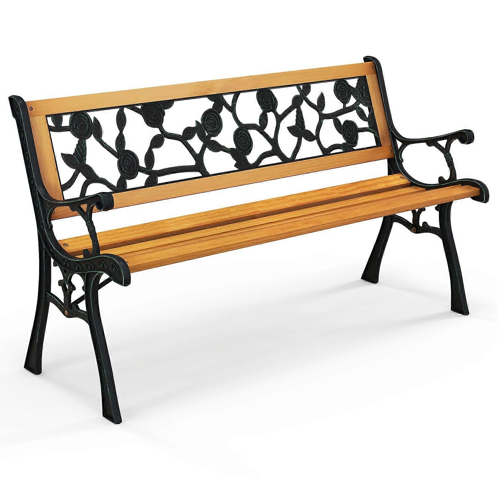 Outdoor Garden Bench Park Bench, Patio Iron Bench Chair with Cast Iron Hardwood Structure