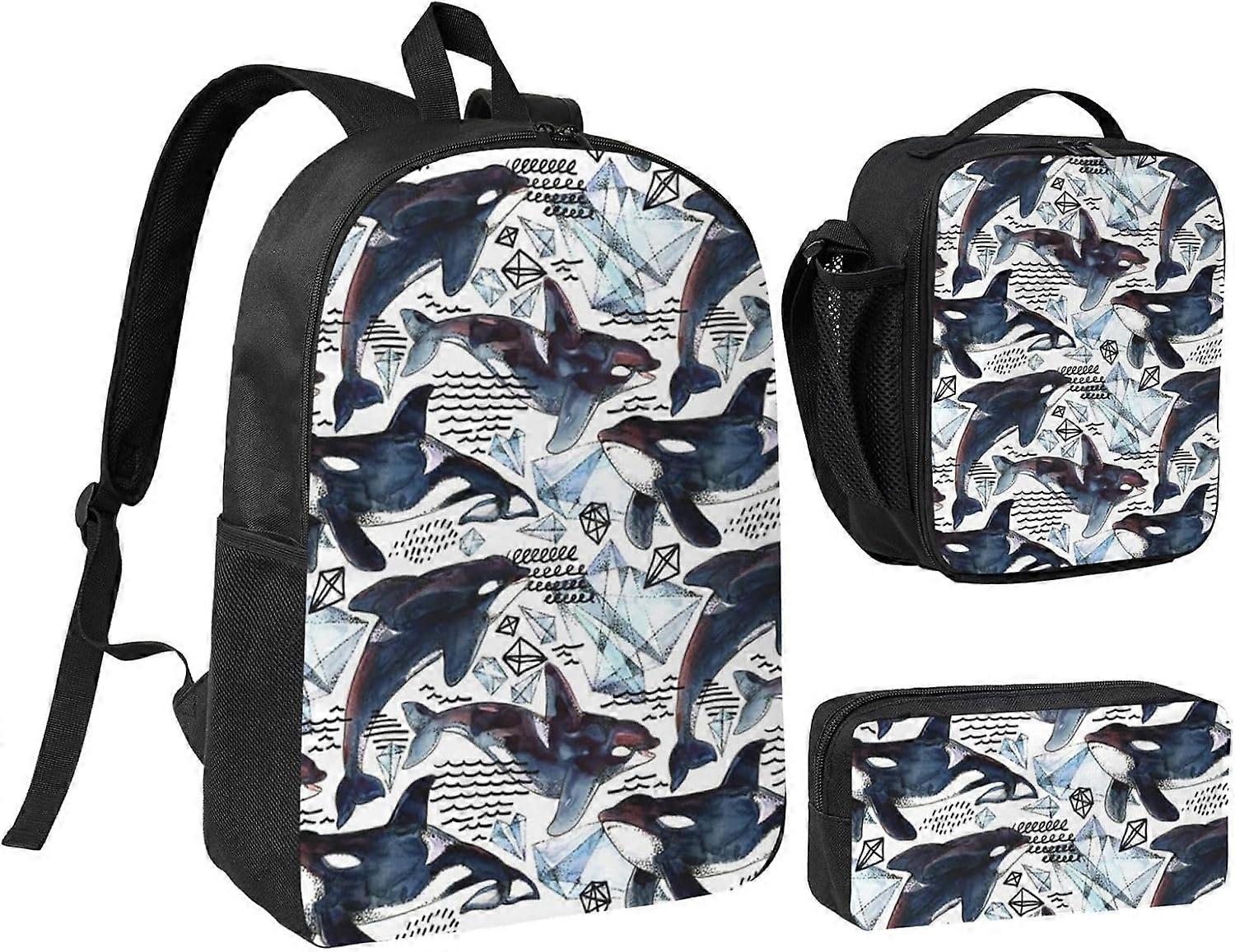 Baleia assassina 17 polegadas mochila escolar conjunto com estojo e lancheira, design de impressão correspondente