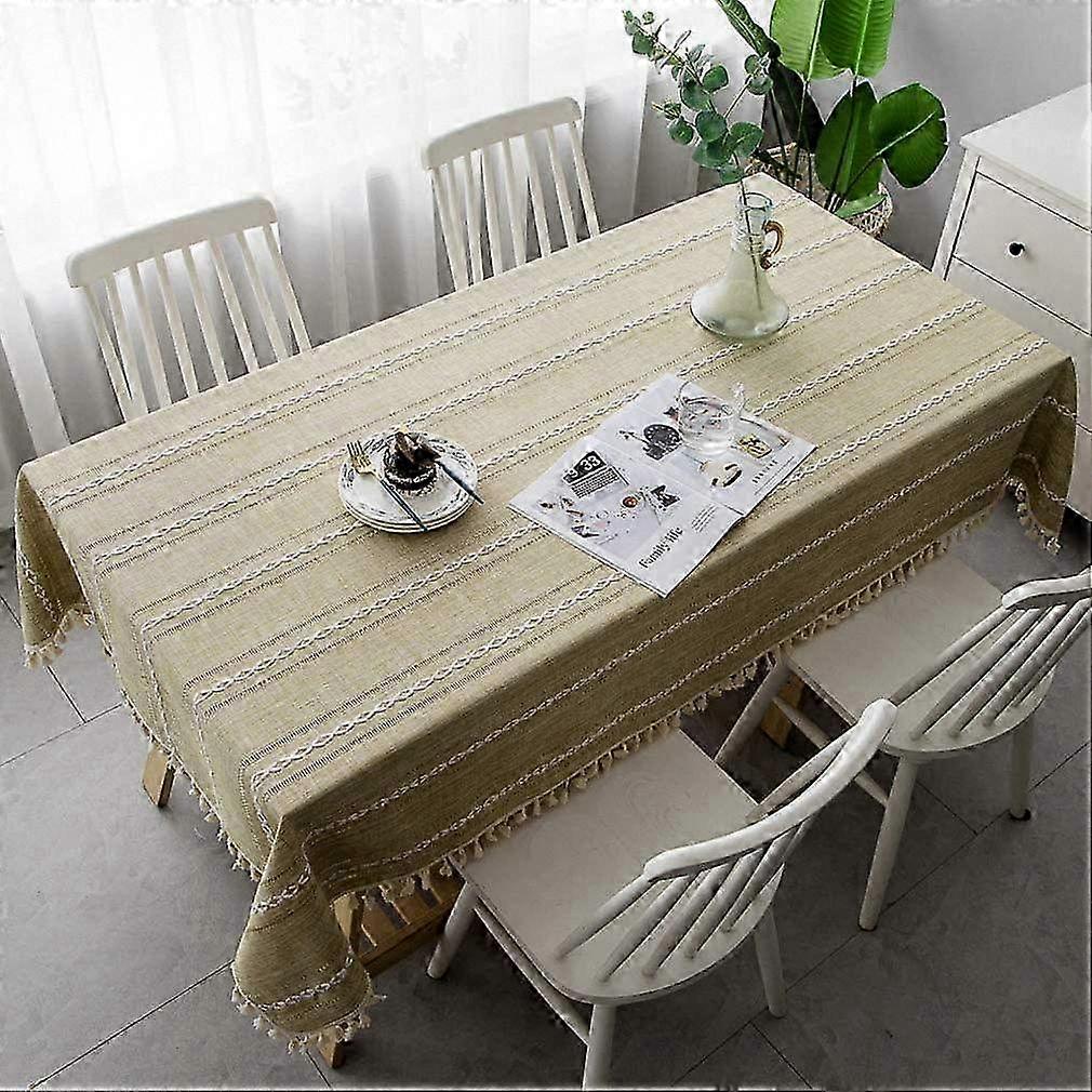 Rectangle Table Cloth in Cotton Linen Material, Wrinkle-Free with Stitching and Tassels, Perfect for Dining Kitchen Tabletop Decoration (Alm