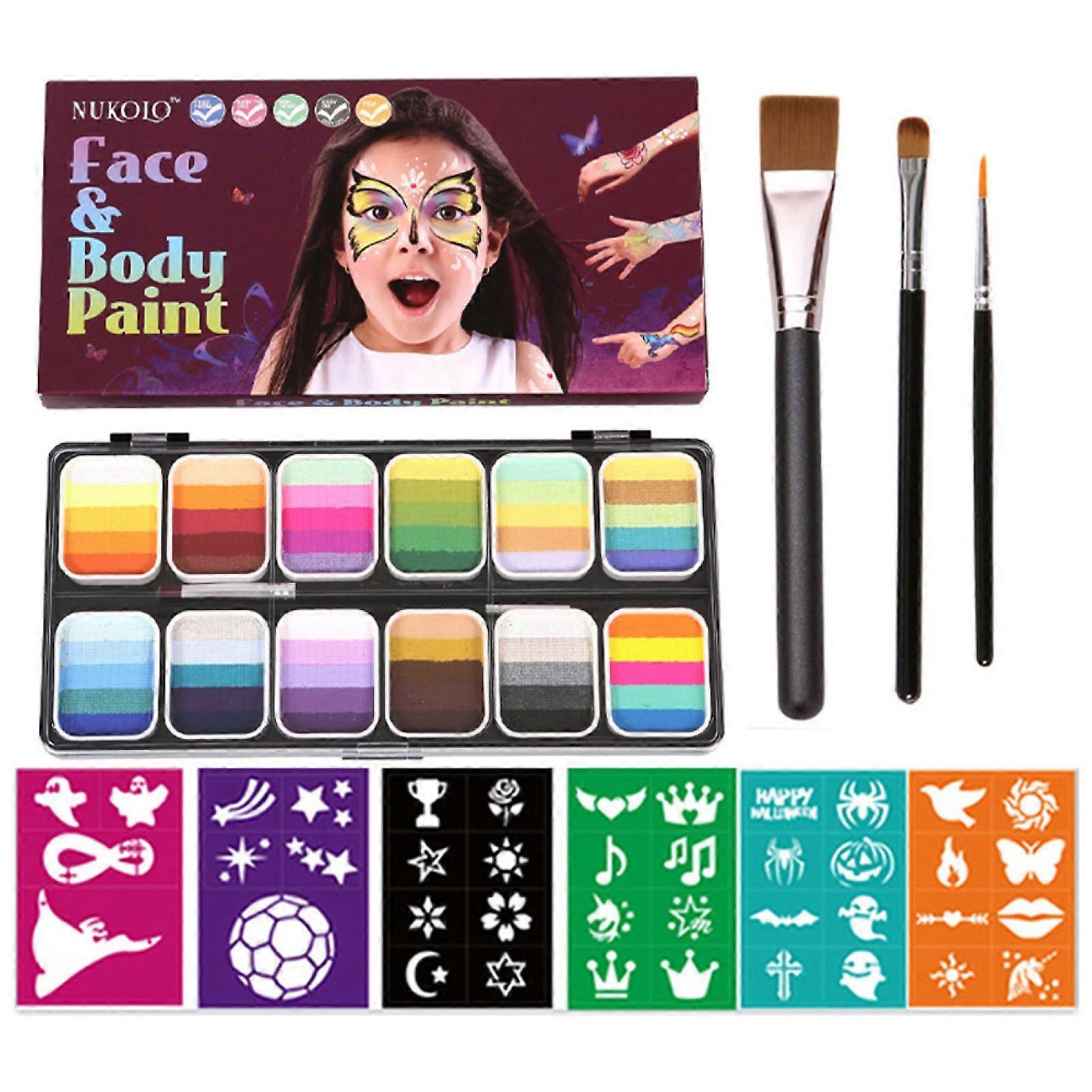 Watercolor Paint Palette Set Professional Face Split Cakes Multiple Colors Setwith 3 Brush& 6 Stencil Stickers Safe& Non Water Activated Face and Body