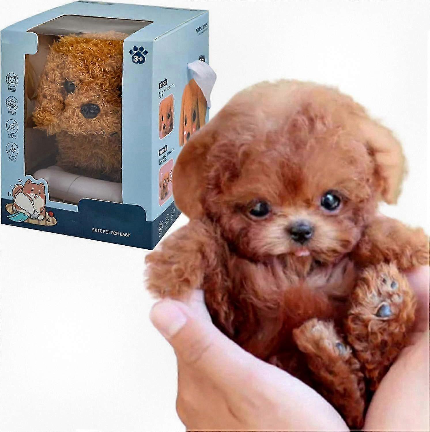 Cucciolo robot realistico che cammina e abbaia, cane robot morbido interattivo con comportamenti realistici e simpatica pelliccia marrone