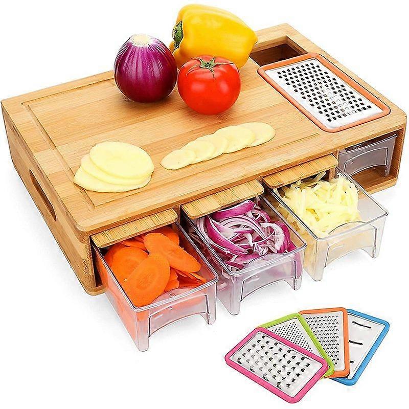 Bamboo Cutting Board With 4 Containers, Large Cutting Board With Juice Slot, Cutting Board