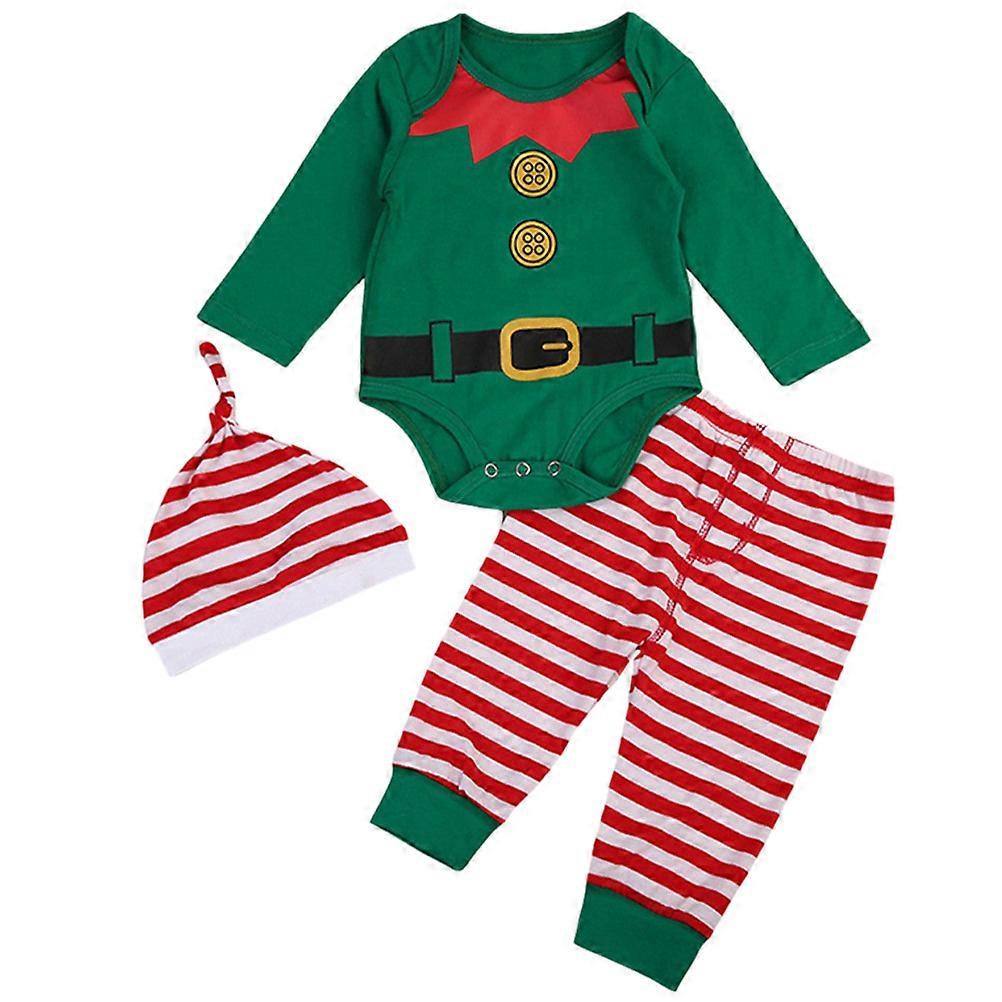 Conjunto de roupas de Natal de 3 peças de algodão macio Macacão de manga comprida Macacão com chapéu para uso em festas