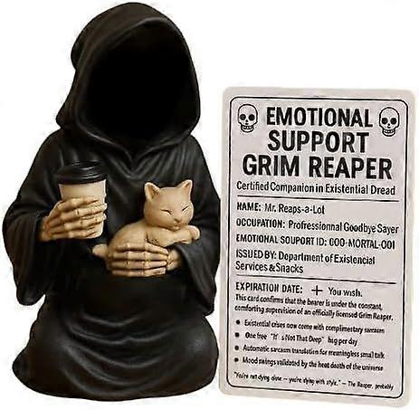 Emotional Support Grim Reaper, Hand-Painted Resin Gothic Grim Reaper Statue Holding Coffee & Cat with Emotional Support Grim Card