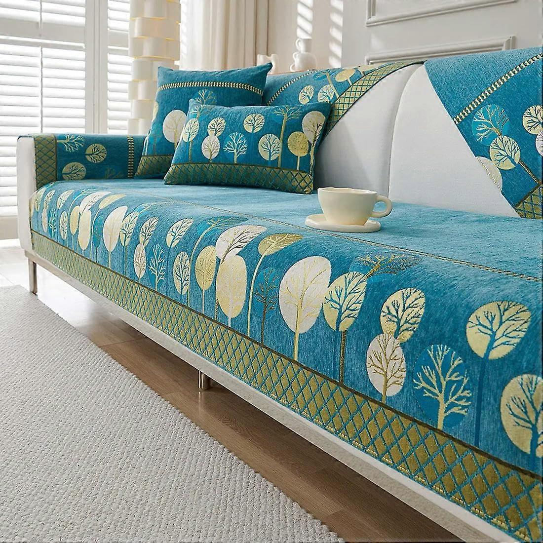 Full Moon Tree Chenille Sofa Mat, NonSlip, Solid Color, for All Seasons, Universal Sofa Cover, Jacquard Combination Sofa Cushion Green 70x70cm 1pc