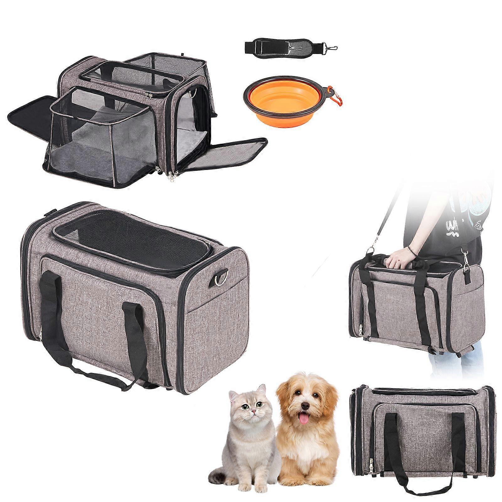 Cat Carrier with Wheels, Dog Carrier with Wheels for Pets under 25 lbs, with 1 Folding Bowl, Grey