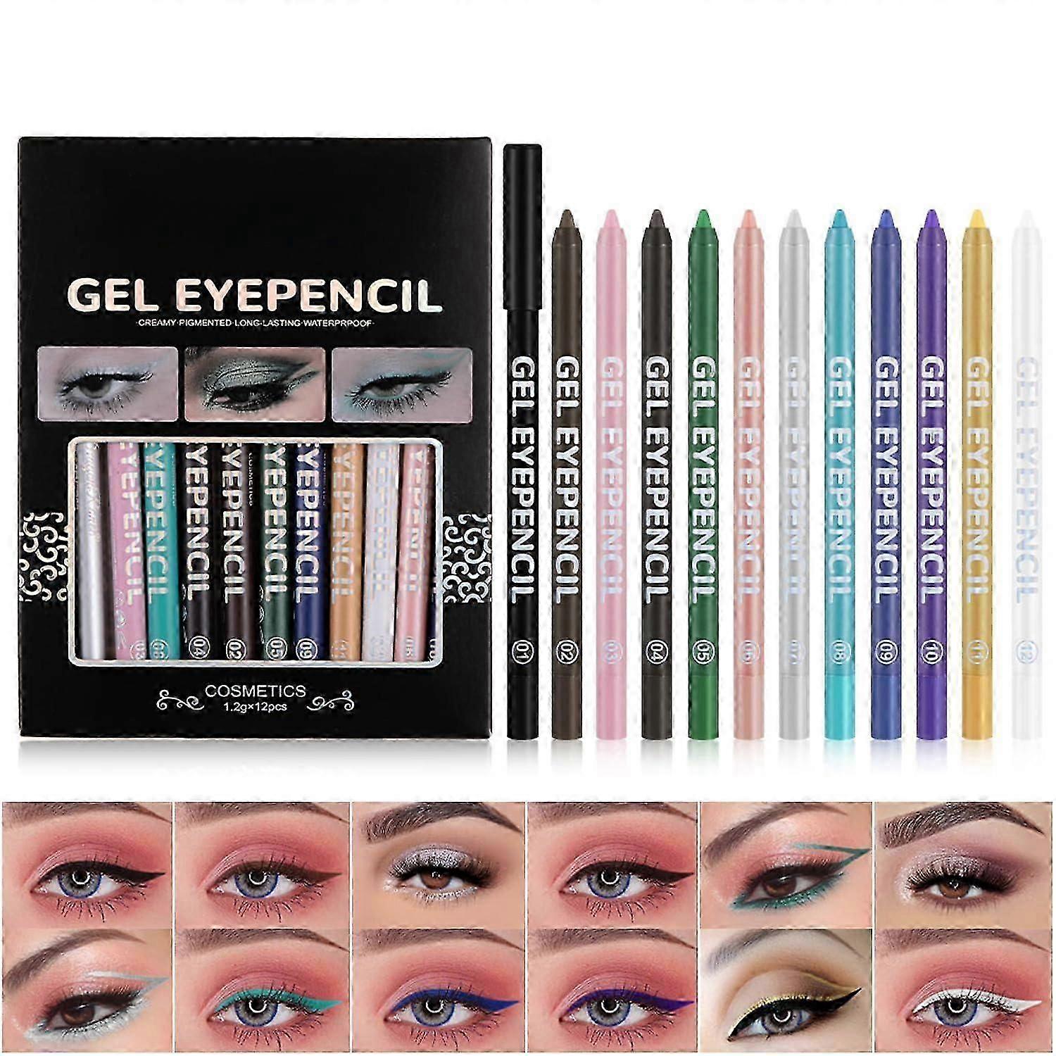 12 Renk Renkli Jel Eyeliner Seti,Mat Su Geçirmez Leke Geçirmez Eyeliner Kalem Kalem,Uzun Ömürlü