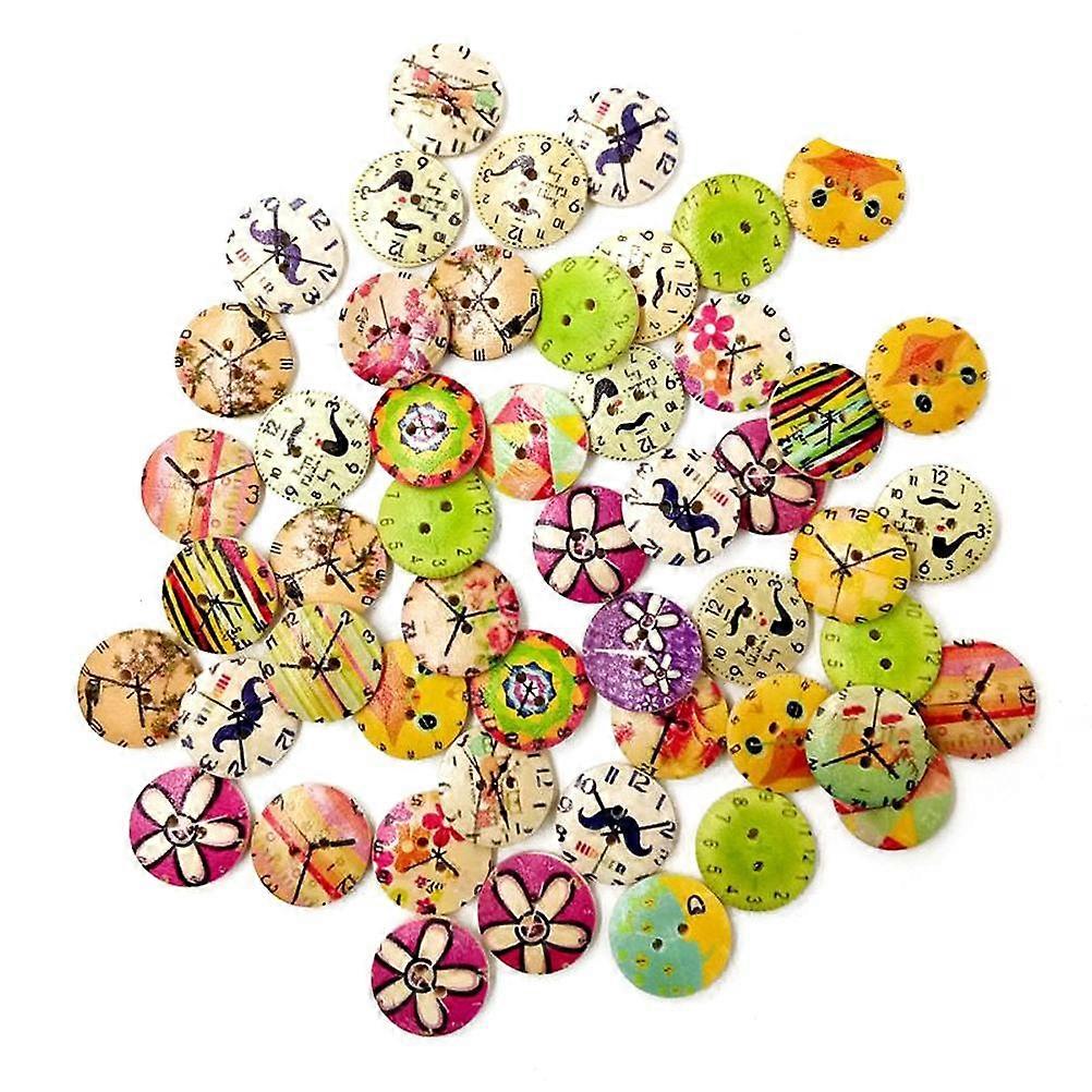 Crafts Button Sewing Accessory Colorful Printed Round 2 Holes Wooden Buttons for Clothing DIY Projects 2cm Diameter Decorative 50Set