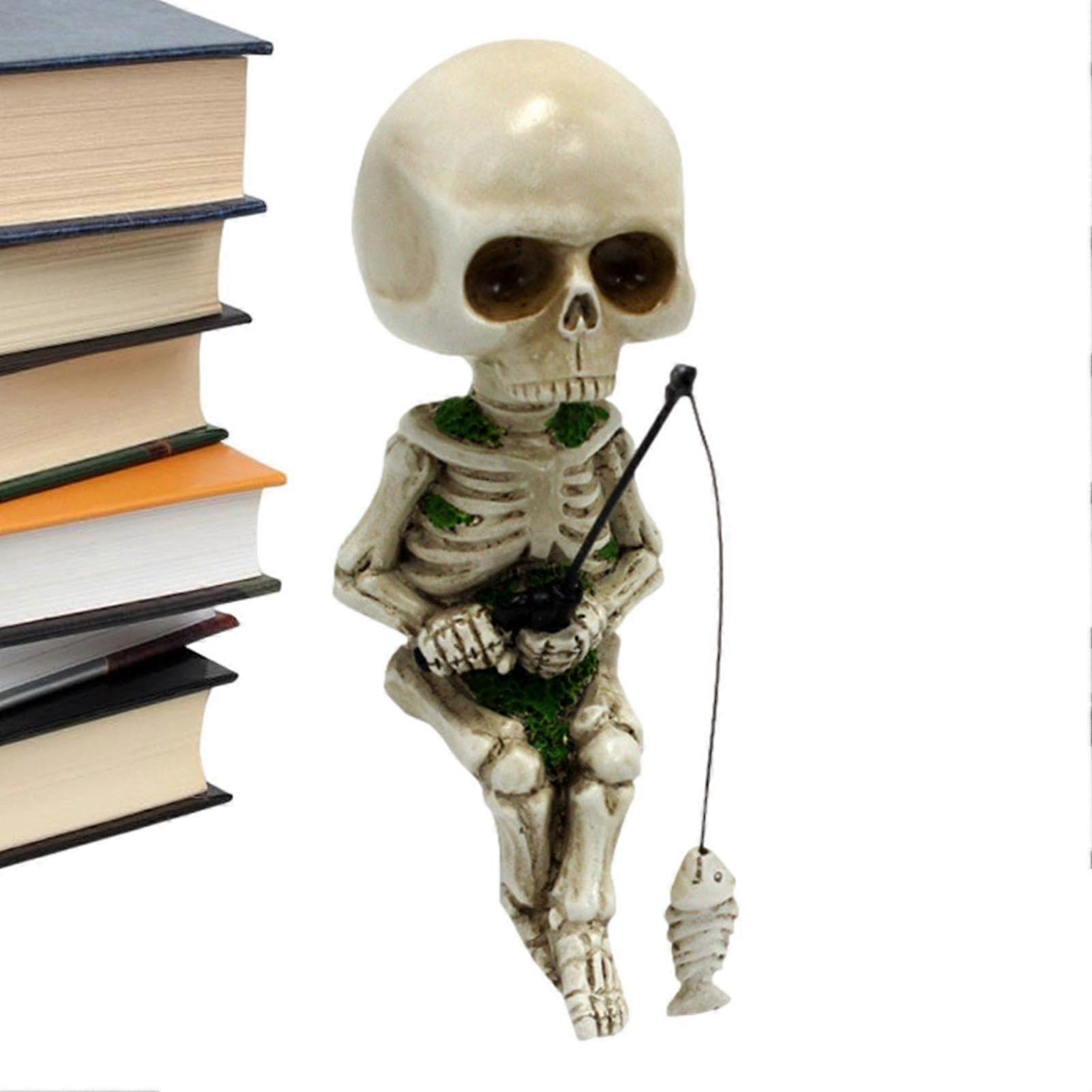 Skull Ornaments Horror Figures for Halloween Resin Skull Figurine with Fishing Design Hand Carved Skull for Closet Windowsill