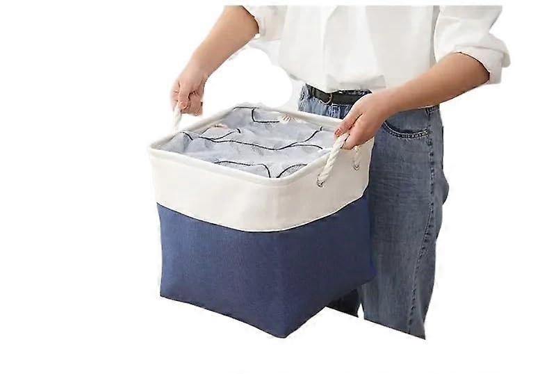Cotton Linen Storage Basket with Handles for Clothes, Wardrobe Organizer, Laundry Hamper (White Blue)