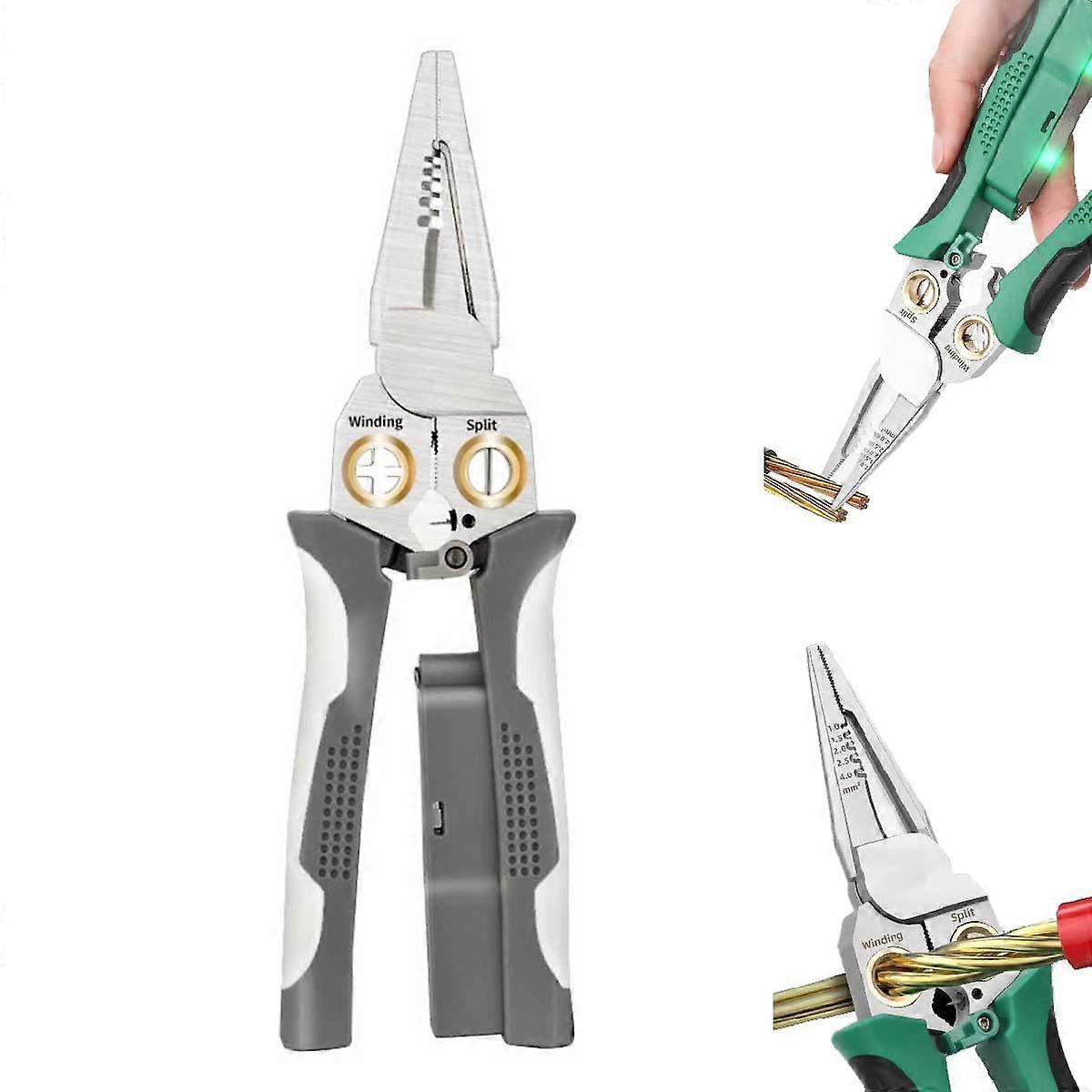 8in1 Wire Stripping Pliers, Multifunction Cable Cutters, Crimper, Voltage Tester (Grey)