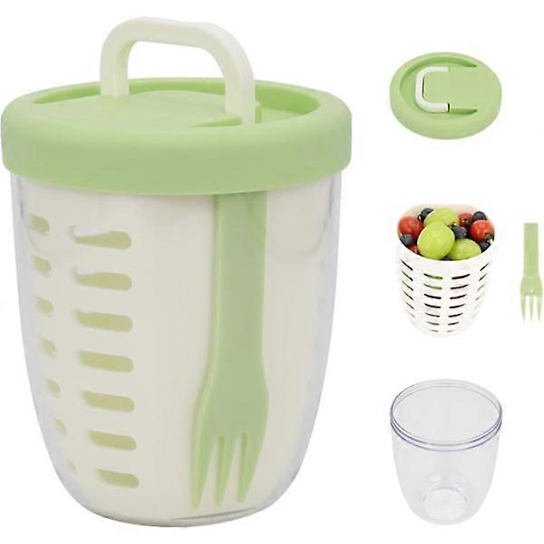 Fresh Fruit Salad Storage Mug with Folding Handle, Lid, Fork & Drain Baskets, Reusable Leakproof Food Container