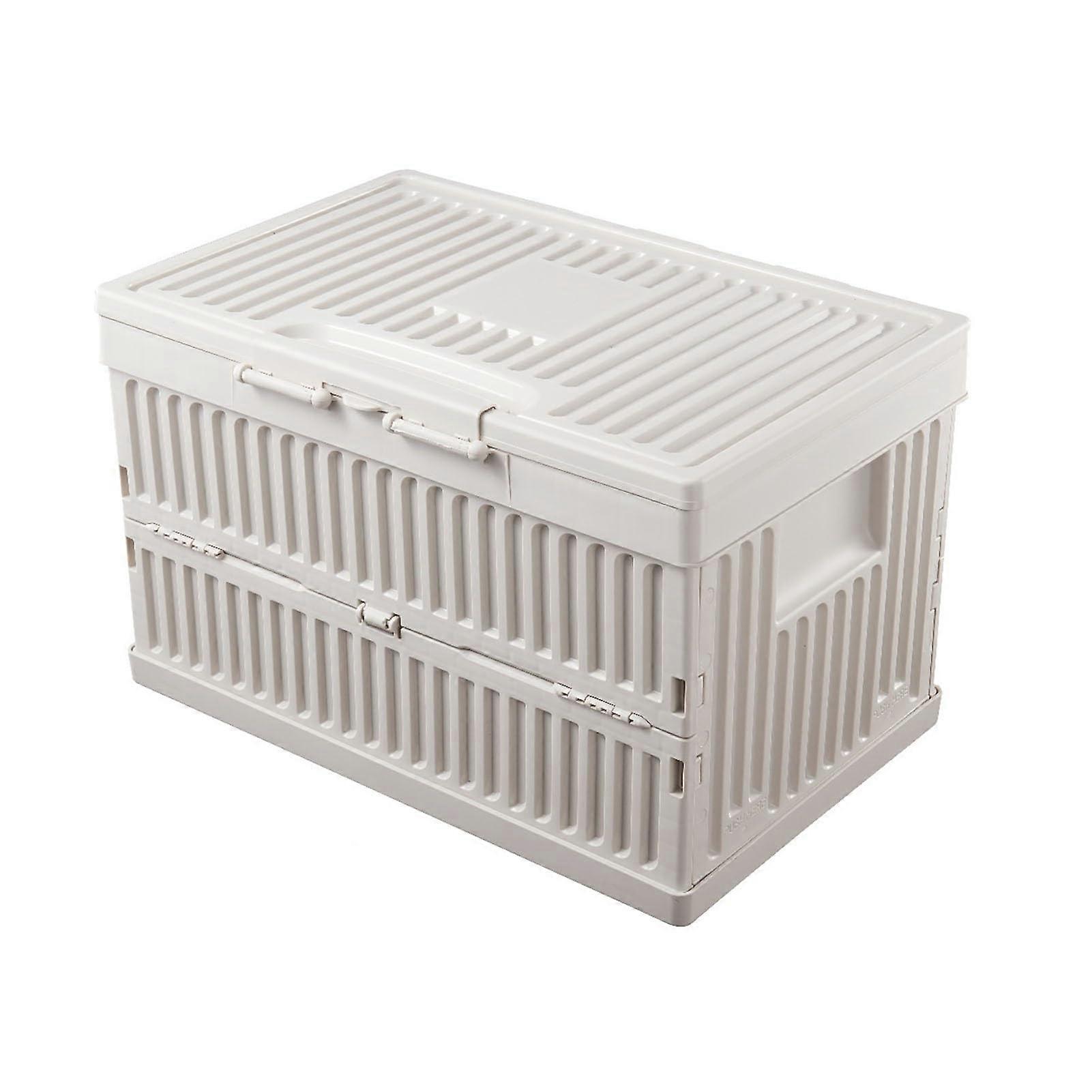 Foldable Storage Box Plastic Large Striped Design Camping Box with Lid (White 35L)