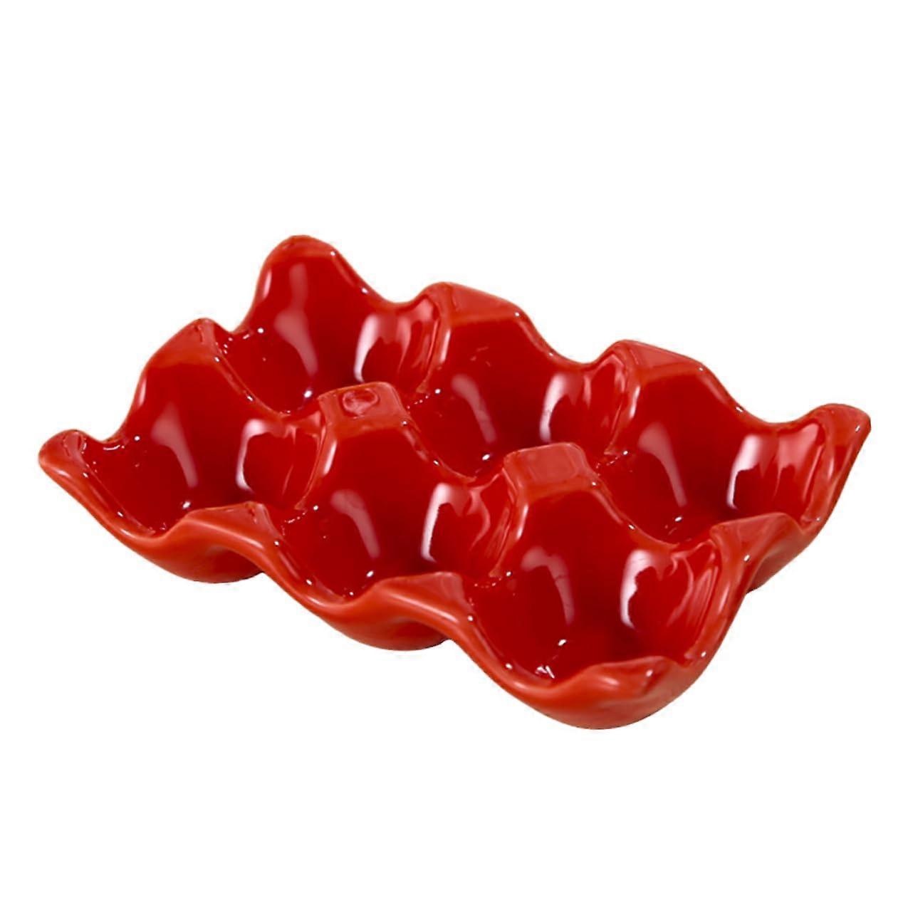 Ceramic Egg Holder For Fridge, Egg Storage Organizer And Serving Plate, Easy To Clean, Red Version, Easter