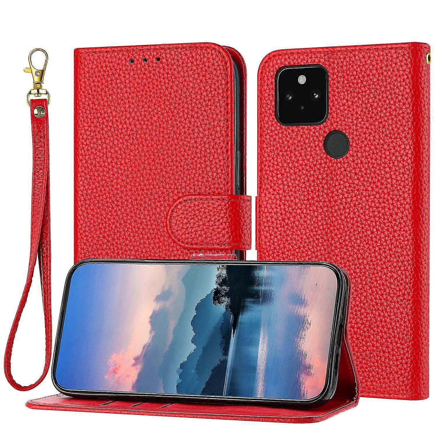 For Google Pixel 5 Case, Litchi Grain PU Leather Folio Cover Magnetic Closure Flip Wallet Card Slots Stand Case With Hand Strap,Brown