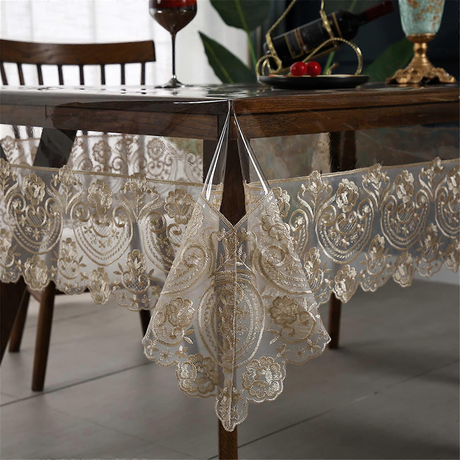 Waterproof Plastic Tablecloth, Brown Vinyl PVC Rectangular Tablecloth 150 x 220 cm with Lace Macrame for Dining and Parties