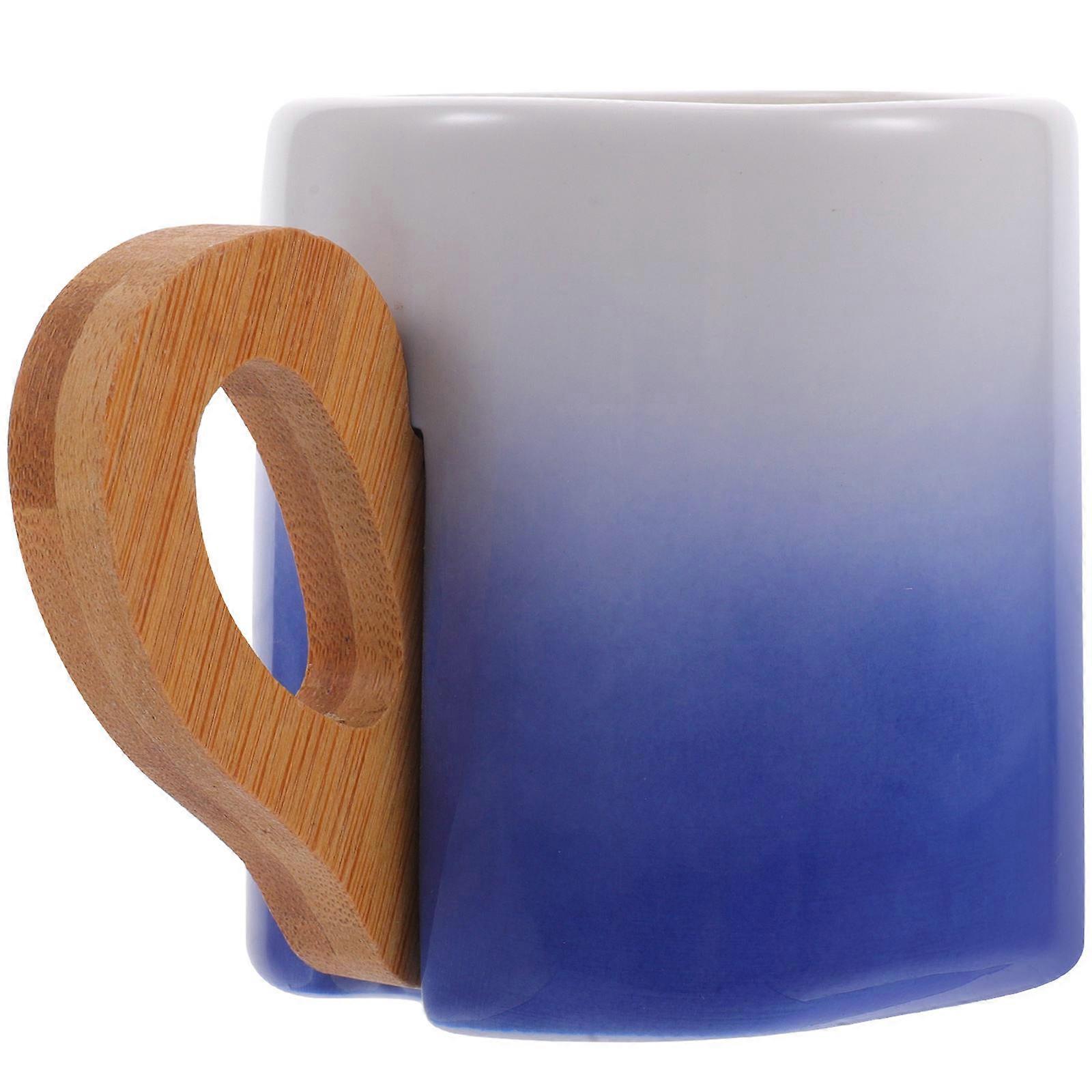 Blue Ceramic Coffee Mug with Bamboo Handle for Home Use Design 12 oz