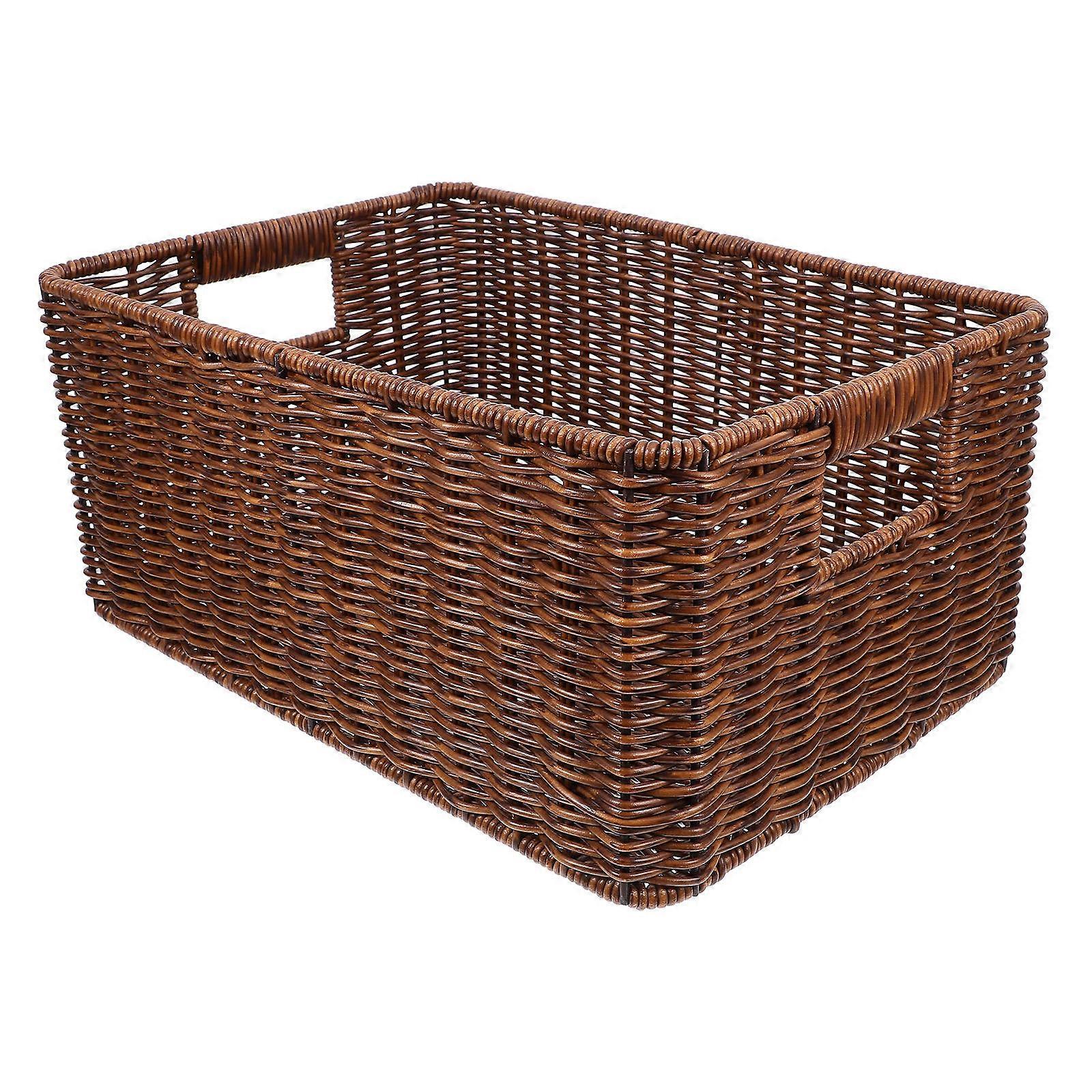 Large Capacity Simulation Rattan Basket for Home Use with Coffee Color Iron and PP Material 14.96x9.84x9.84 inches