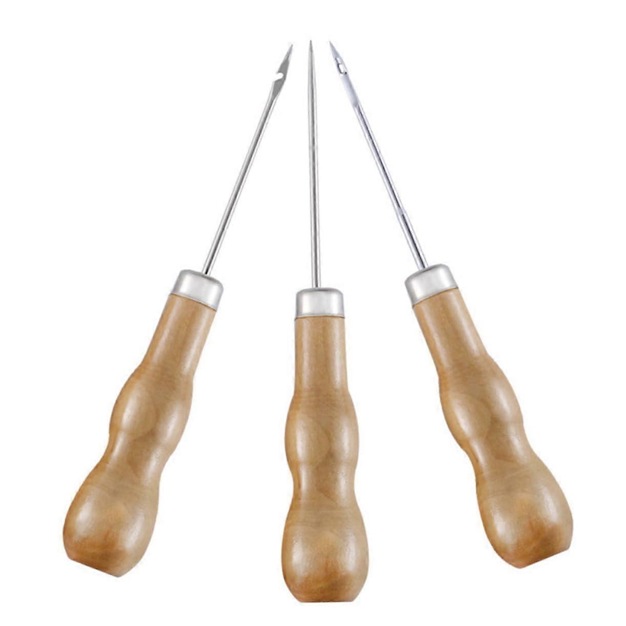 Manual Awl Set Of 3 For Quilting, Upholstery, Leather Perforating Tools With Wooden Handles And Shoe Stitching Punch Kit