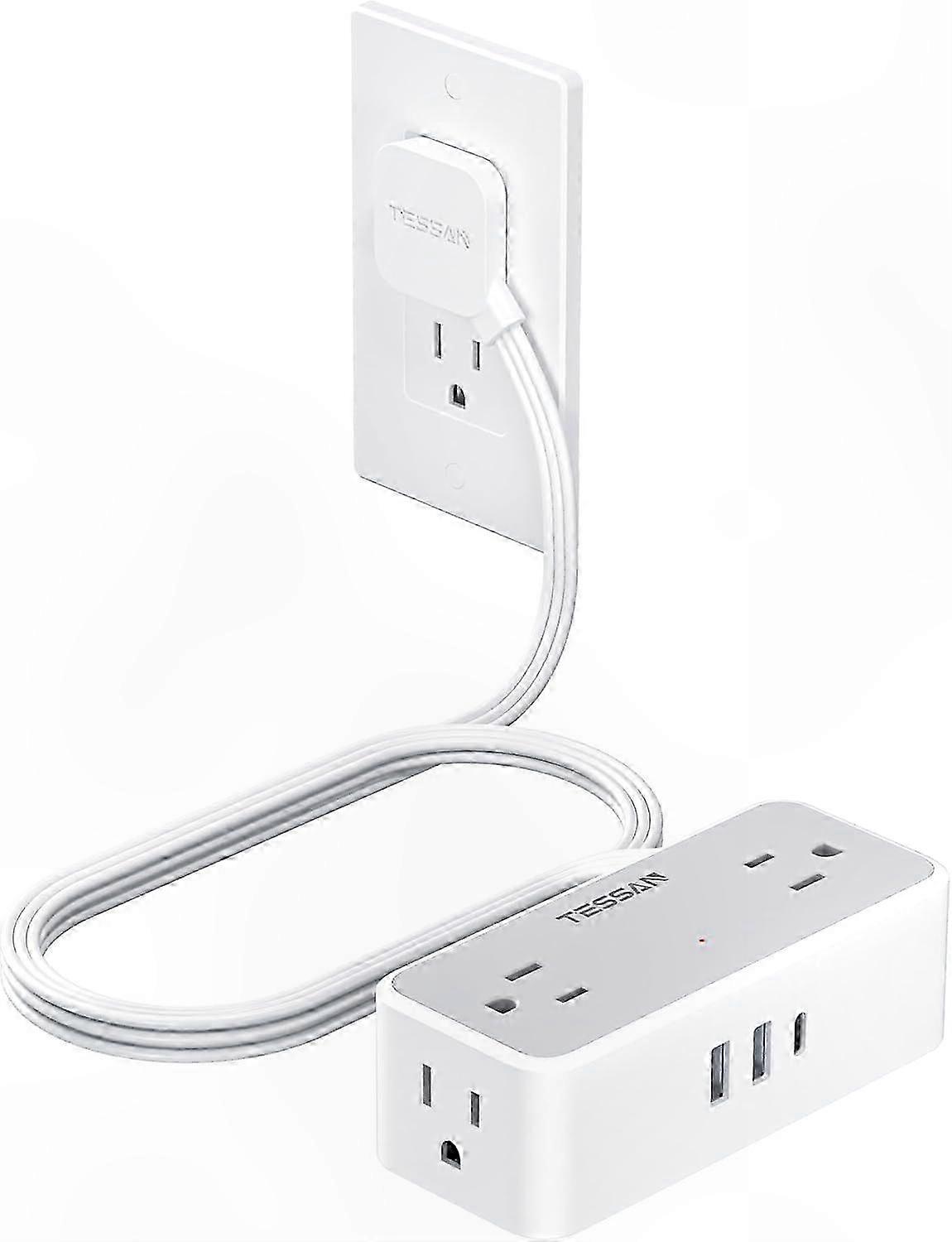 5 FT Flat Plug Extension Cord with Surge Protector Power Strip for Home Office Use