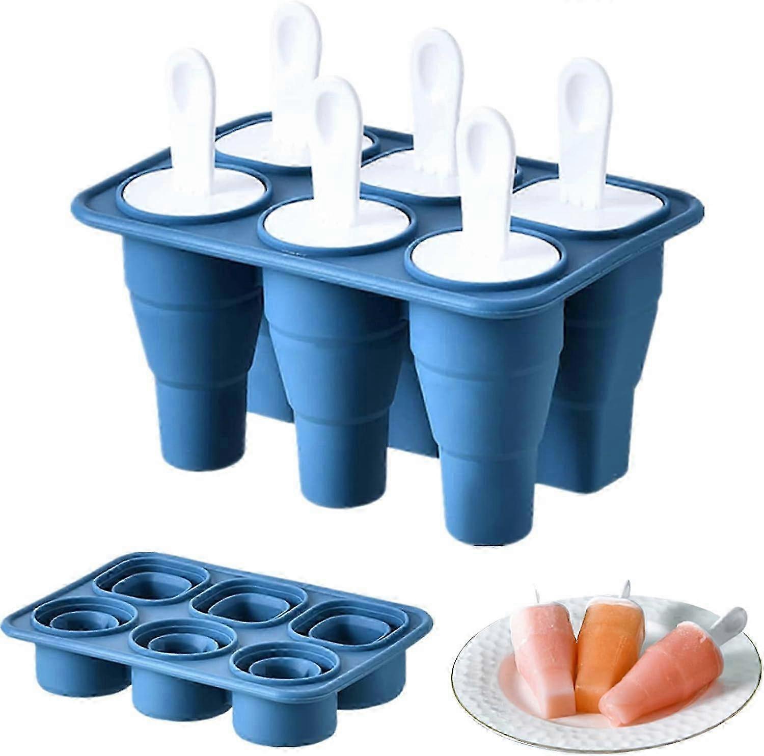 Collapsible Popsicle Molds, 6 Grid DIY Ice Lolly Molds, Silicone Ice Cream Molds, Easy Release Ice Pop Molds--Blue