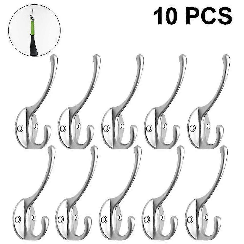 10 Pack Rustic Wall Mounted Heavy Duty Dual Coat Hooks Retro Double Robe Hooks with Screws Silver