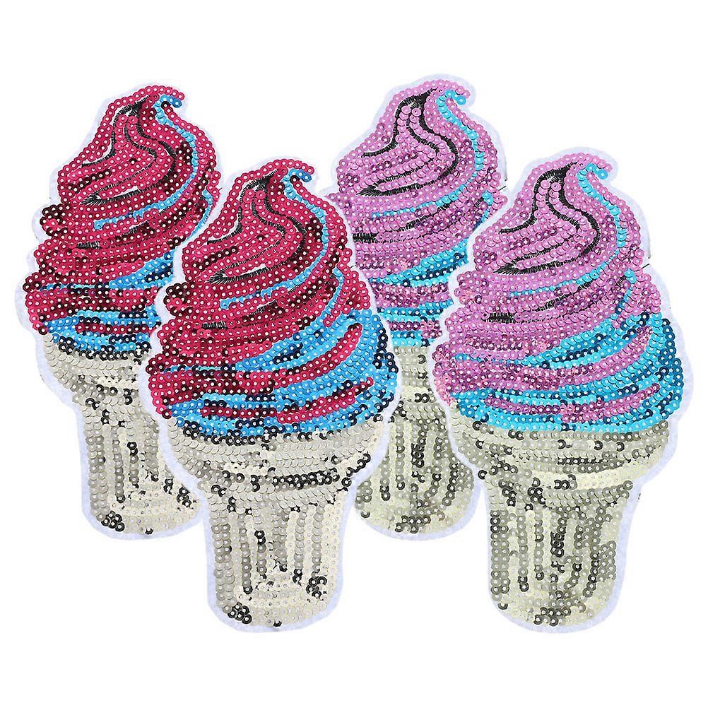 Ice Cream Cone Sequin Patches for Decoration 4Pcs Decorative Iron-on Applique