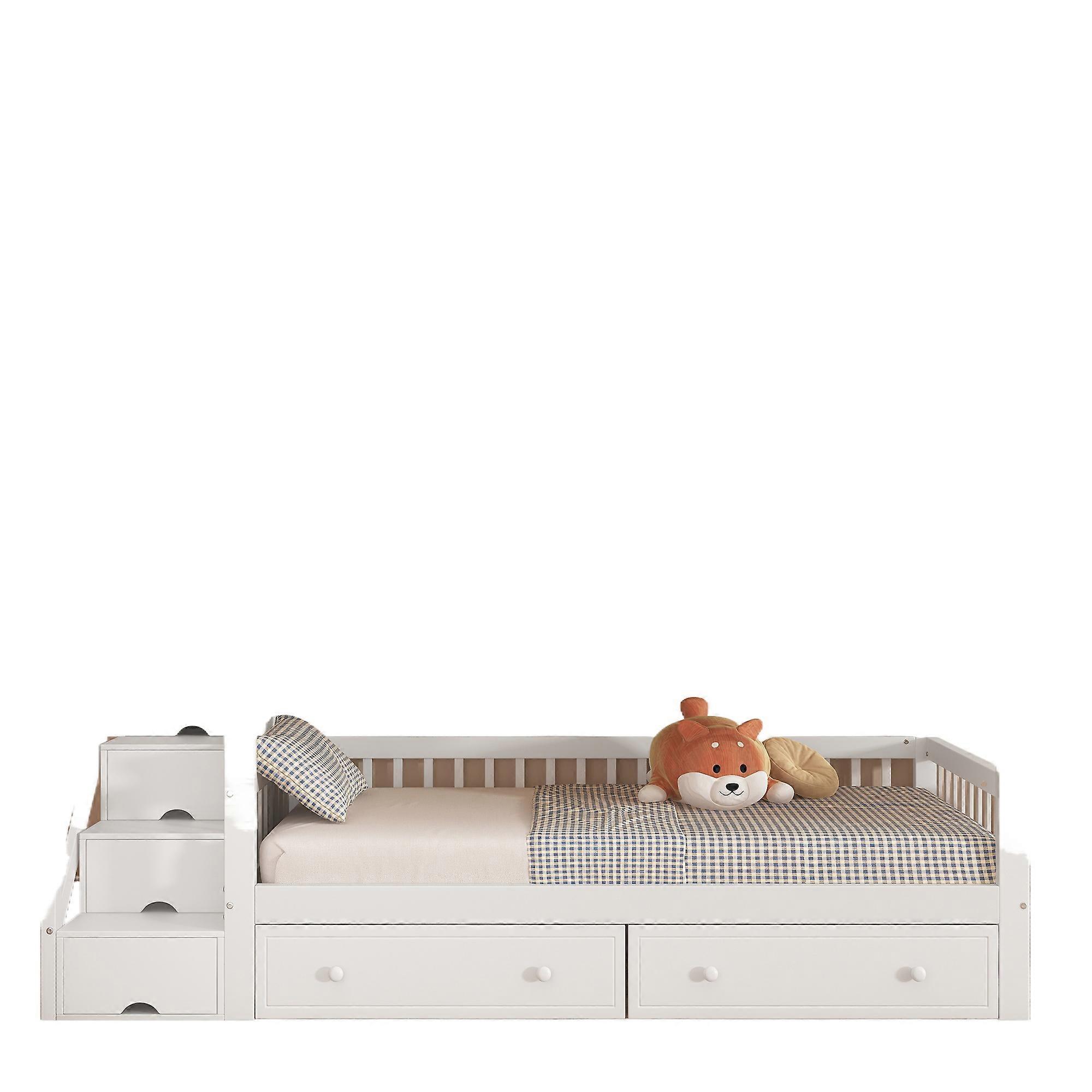 Wood Composite White Storage Bed 90x200cm Natural MDF Two Level Rail