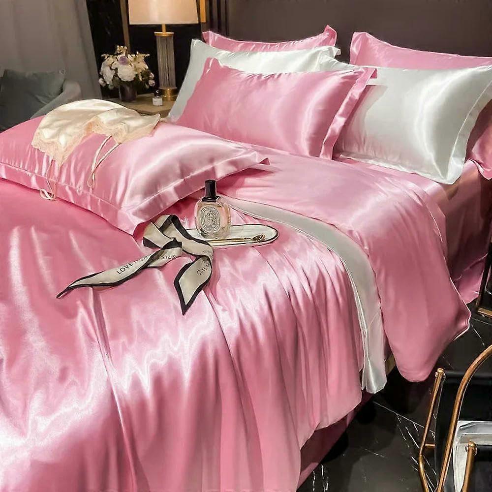 Solid Silk Bedding Set Queen Size 4 Pcs Duvet Cover Bedsheet Pillowcases Pink Luxury