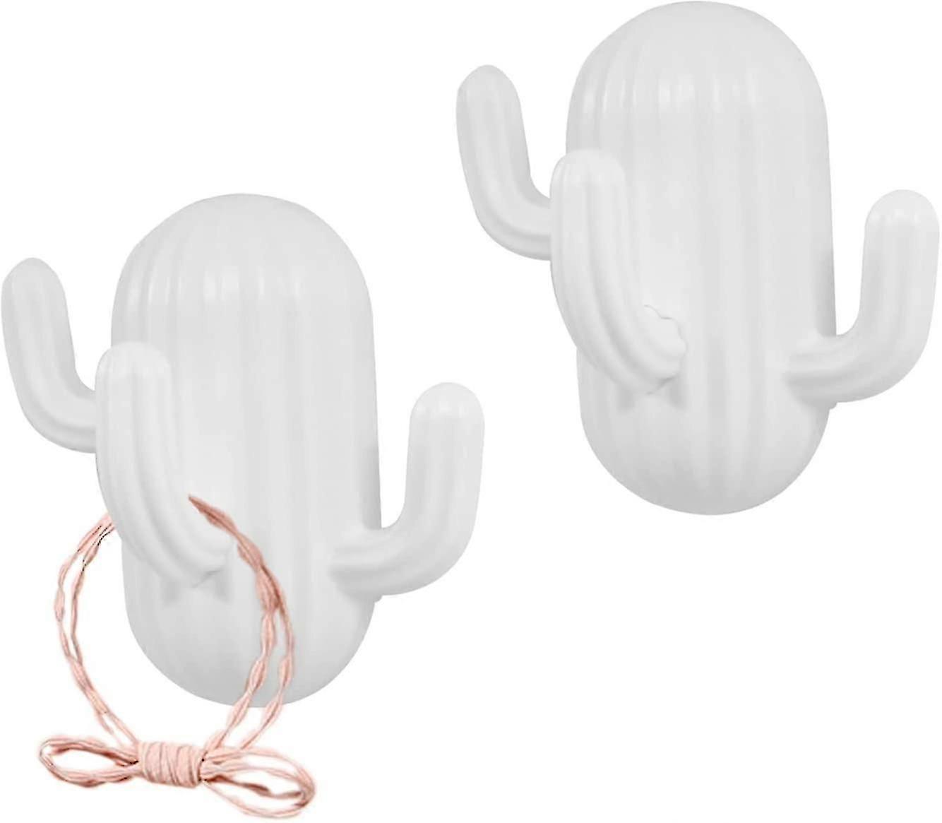 For 2024 Set of 2 Cute Adhesive Cactus Shaped Hooks - Decorative Wall Hooks, Adhesive Hair Rope Hooks, White, Fun and Functional