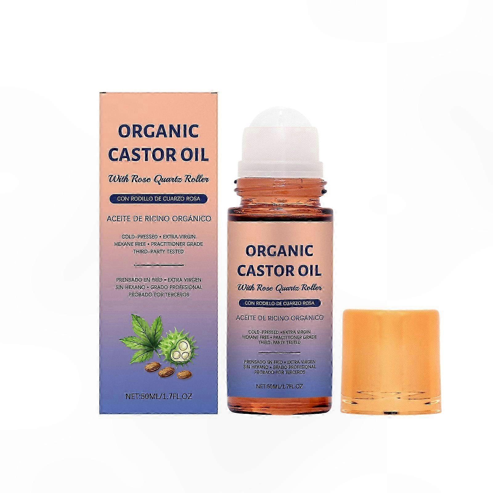 Pure Cold-Pressed Castor Oil with Rose Quartz Roller for Skin, Brows, Lashes - Hexane-Free & Organic Golden Formula