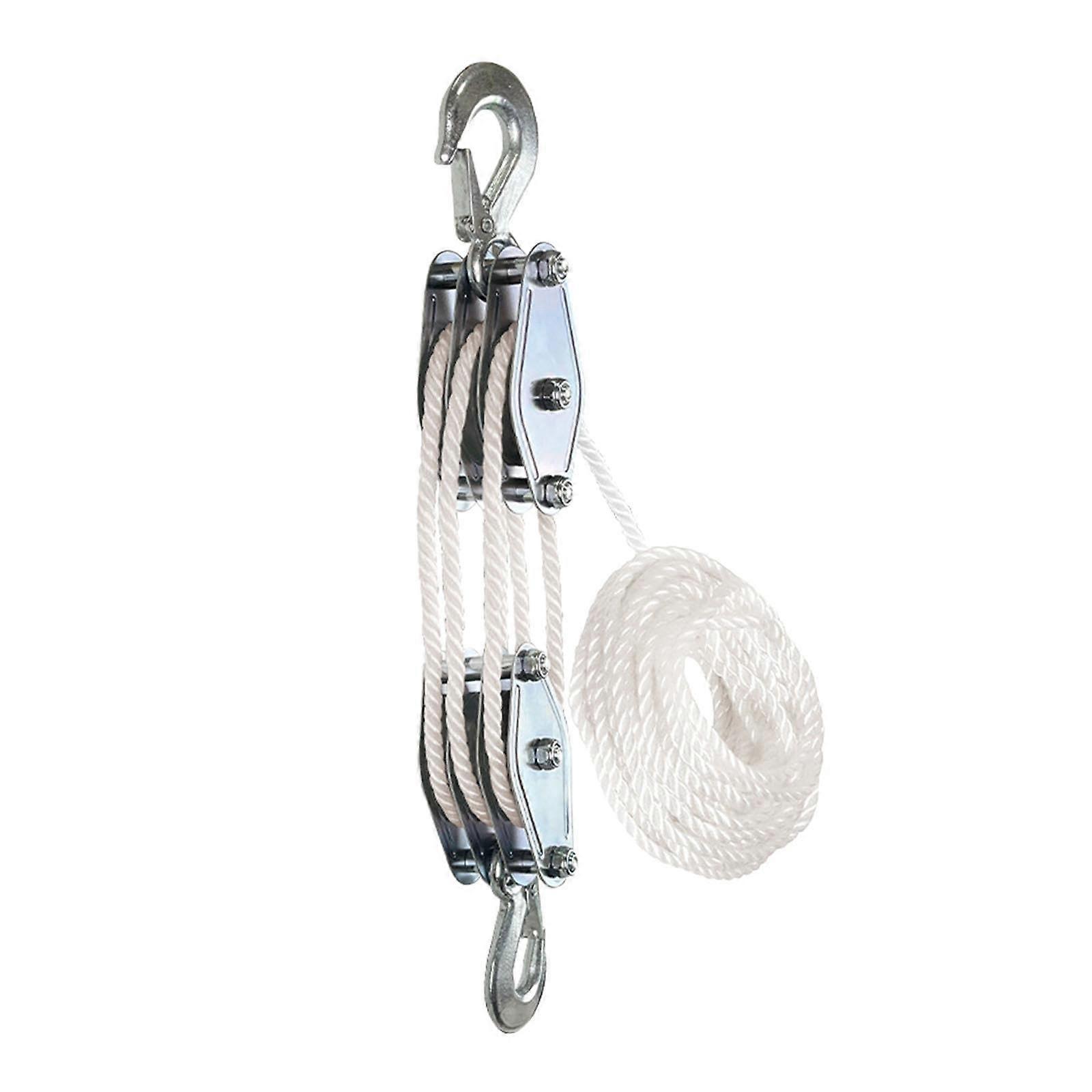 Rope Hoist Pulley 3Wheel Block and Tackle System, 15m Rope, White