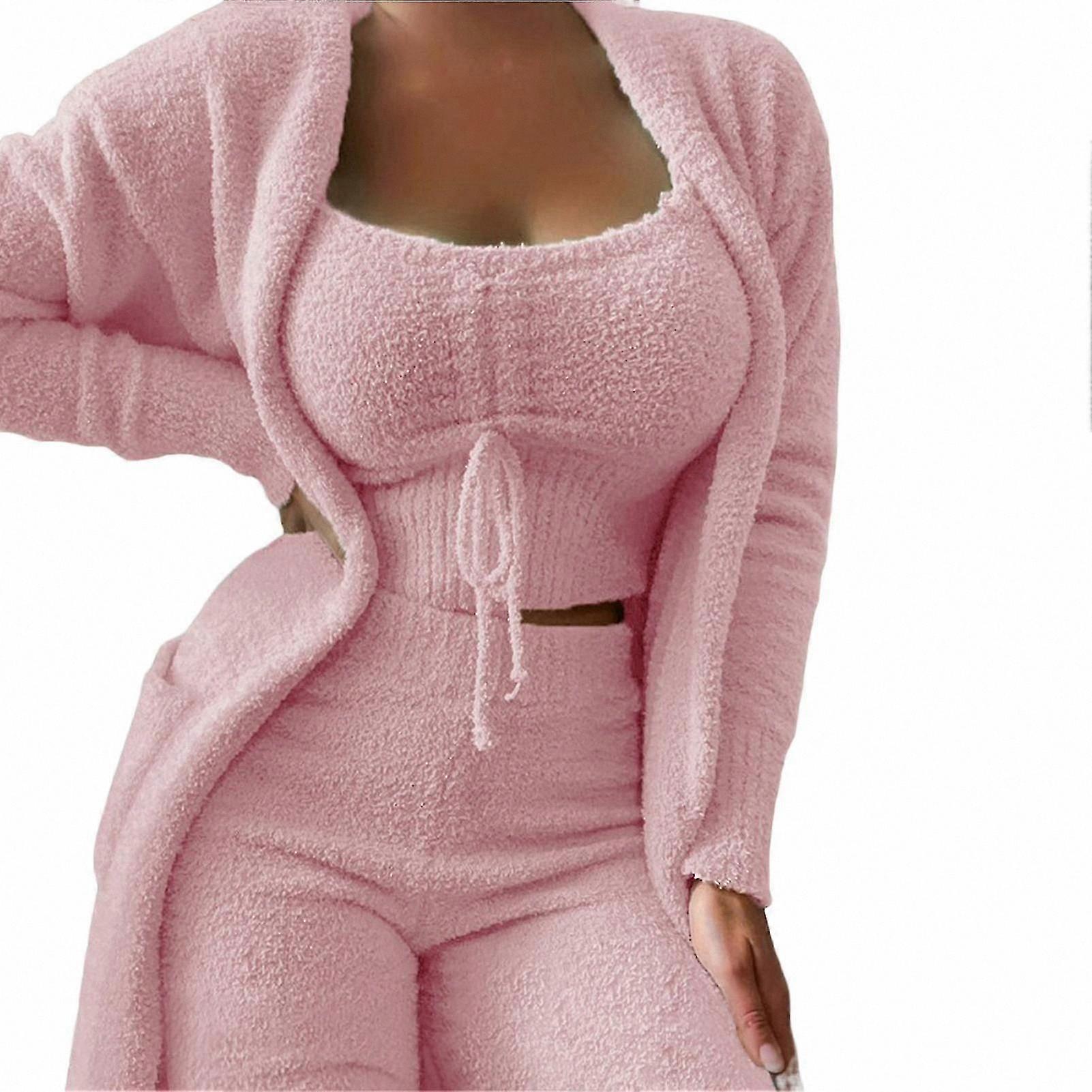Solid Color Plush Loungewear Set for Women - 3 Pcs Thermal Pajama with Pockets