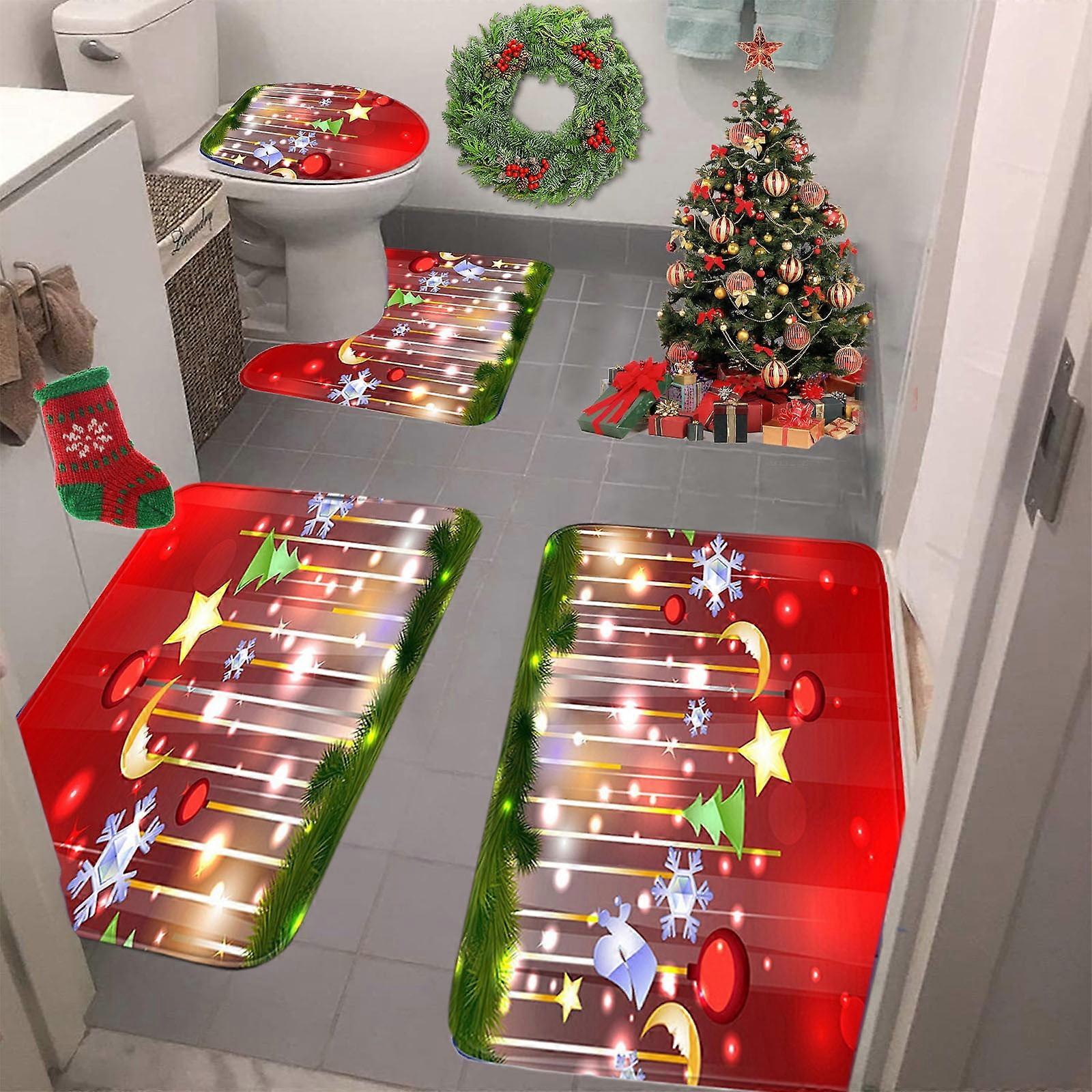 yilyih 4 Pc Memory Foam Bathroom Rugs Set Compatible with Holiday Decor, Snowman, Christmas Tree, Snowflake Design, Machine Washable, Non-Slip