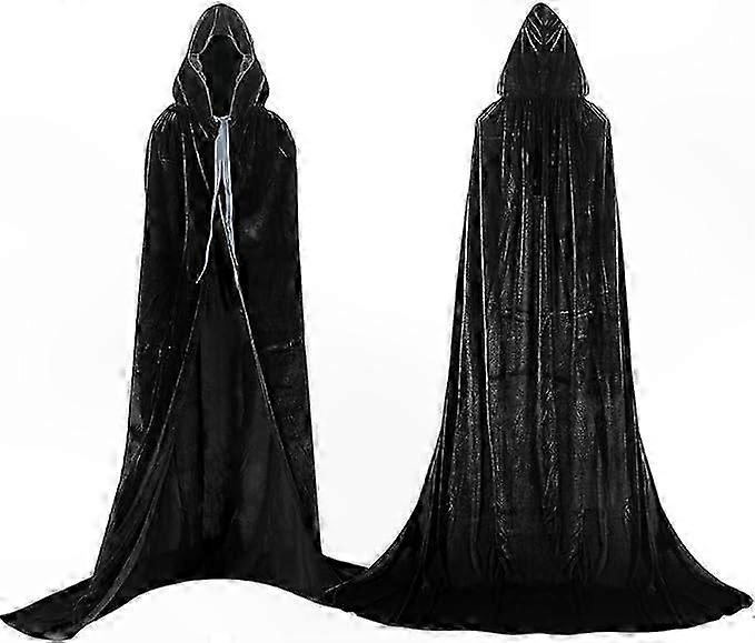 Svart fløyelskappe for voksne med hette, lang kappe for fester og arrangementer