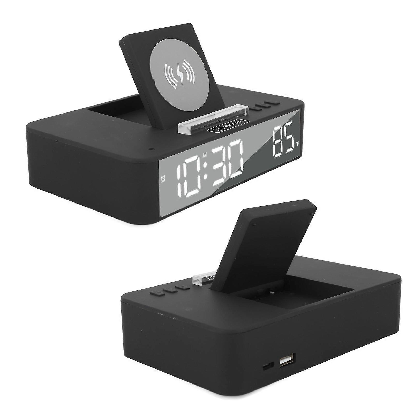 10W Digital Alarm Clock One Button Lifting LED Mirror Electronic Clock with 10W Wireless Charging for Bedroom Office Home EN001 Black 