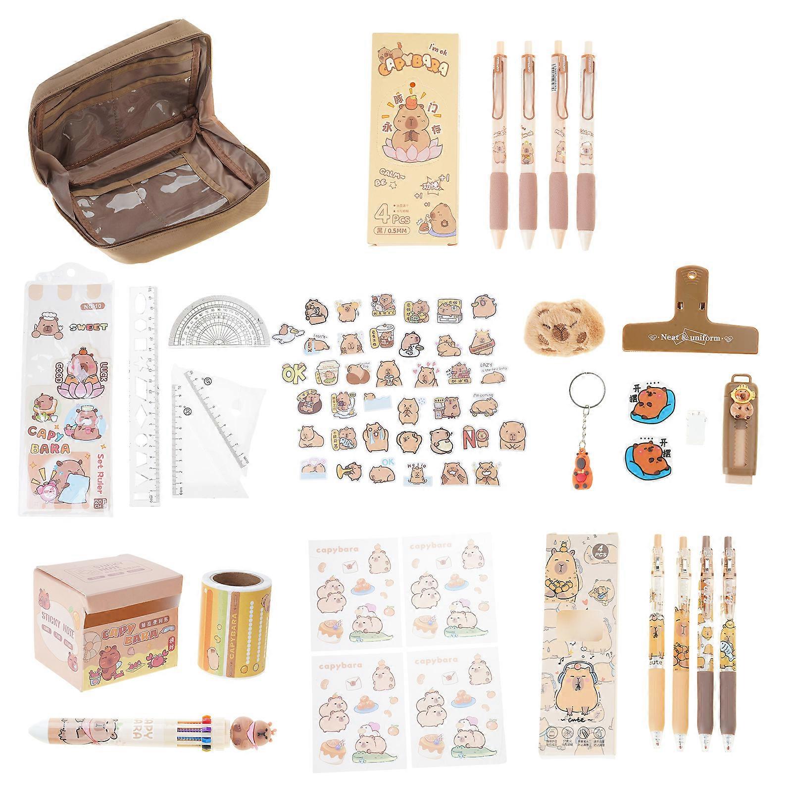 Capybara Stationeries Include Pencil Bag Eraser Pen Sticky Notes Ruler Paper Clamp Sticker Back to School Supplies Multicolor