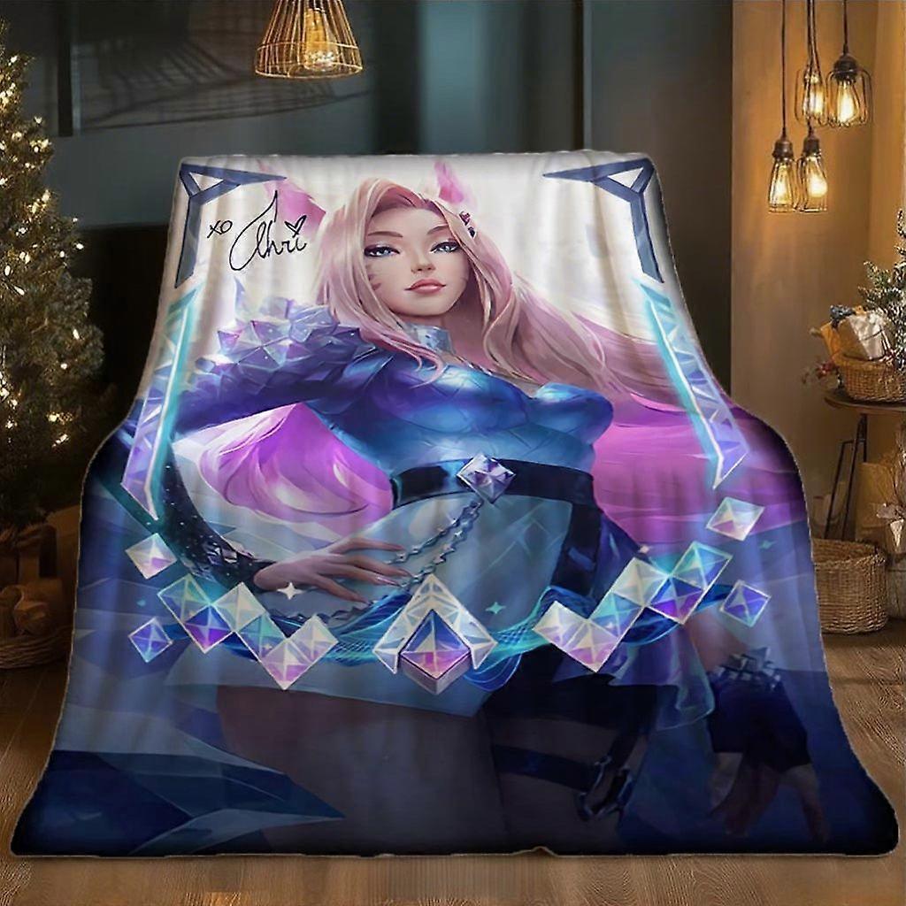 1pc Ahri Printed Flannel Blanket - Soft Warm All-Season Throw with Vibrant Character Design, Machine Washable for Sofa B-asdfg33