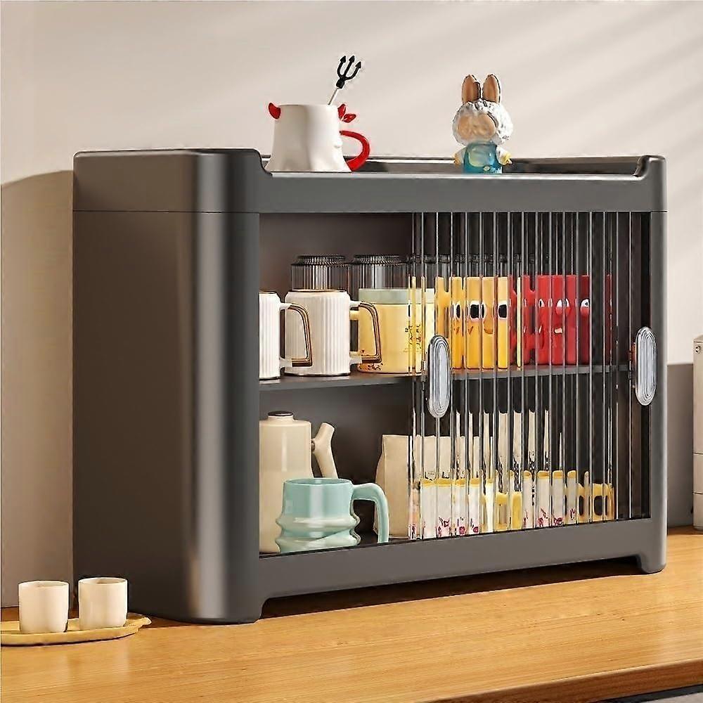 Cup Storage Rack with Sliding Transparent Doors, MultiLayer PP Countertop Cabinet Organizer for Kitchen