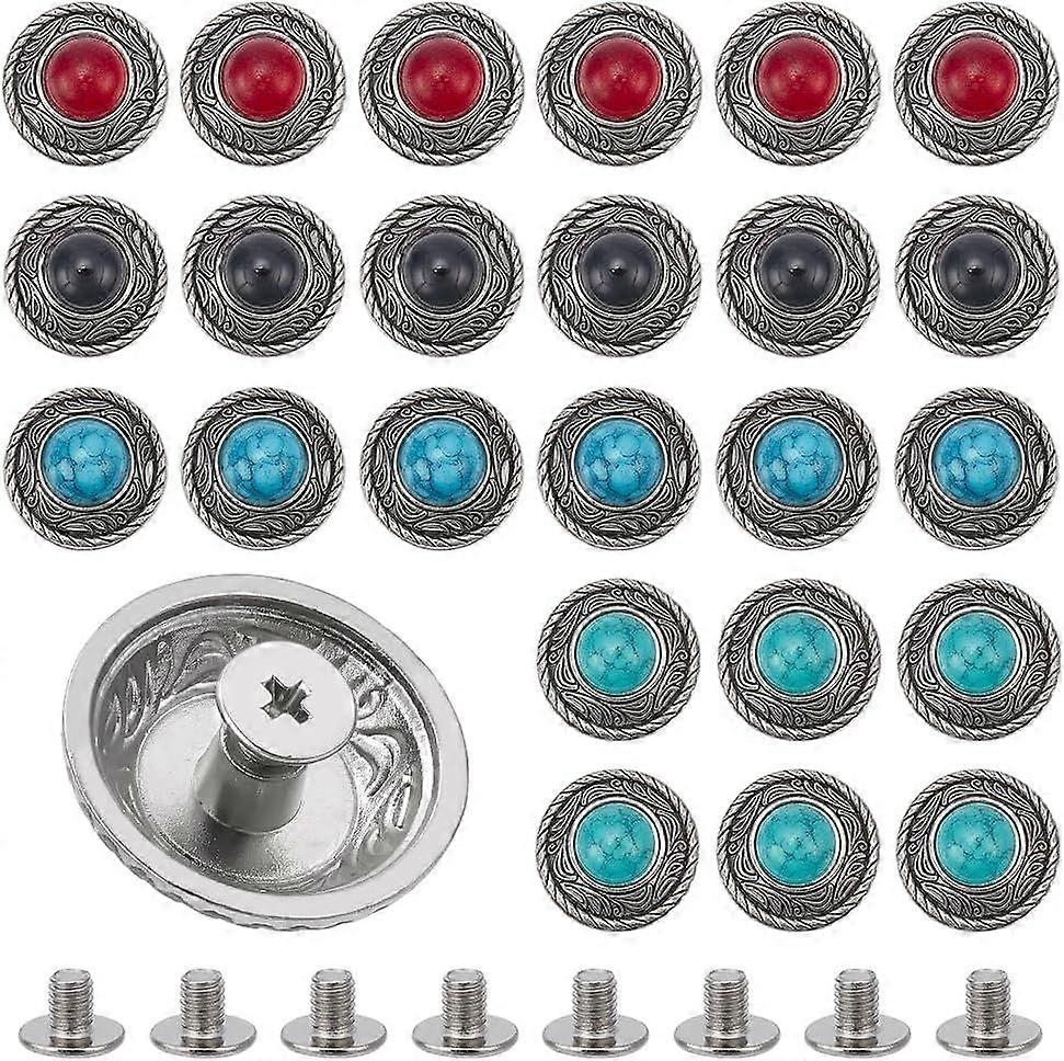 24 Sets Metal Eye Decorative Buckle 4 Colors Round Unique Decorative Buckle Imitation Turquoise Round Shape Castings Screw Back Button for DIY Leather