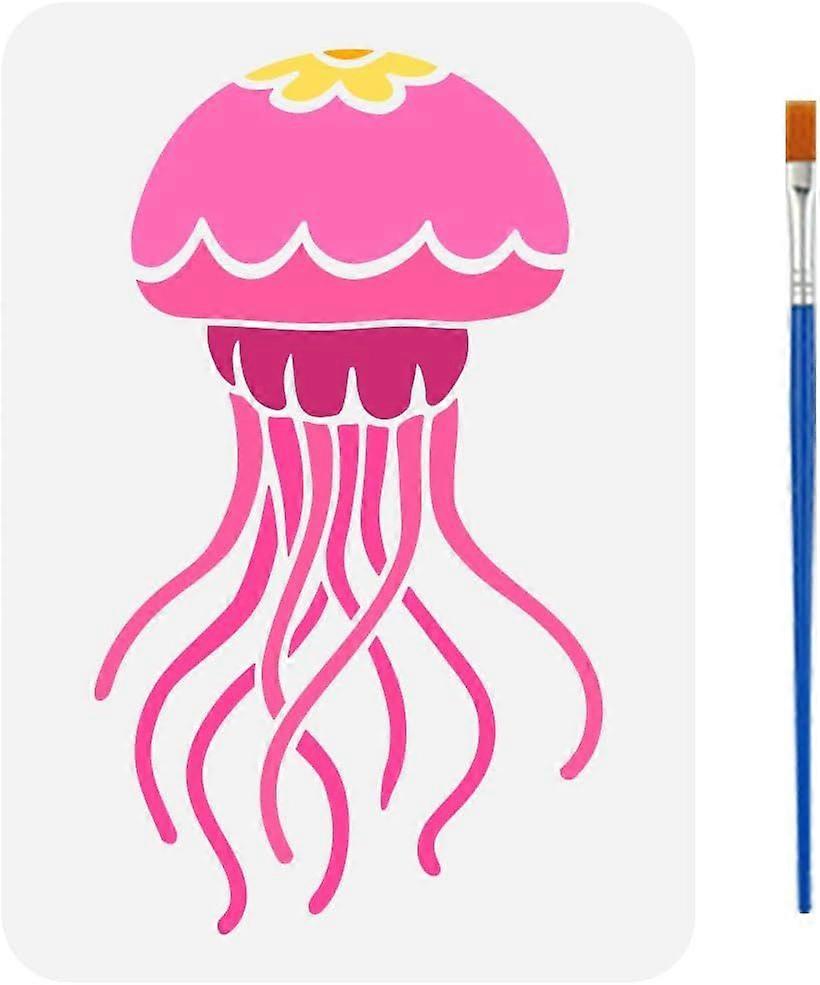 Little Jellyfish Stencil with a Paint Brush 11.7x8.3Inch Jellyfish Decoration Stencils Reusable PET Jellyfish Pattern Stencils Ocean Themes Template f