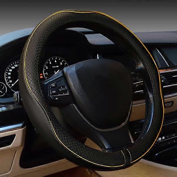 Gomass Car Steering Wheel Cover, Non-Slip, Soft, Breathable, Full Coverage, Sports Style (Black with Yellow Line) - Compatible with most vehicles