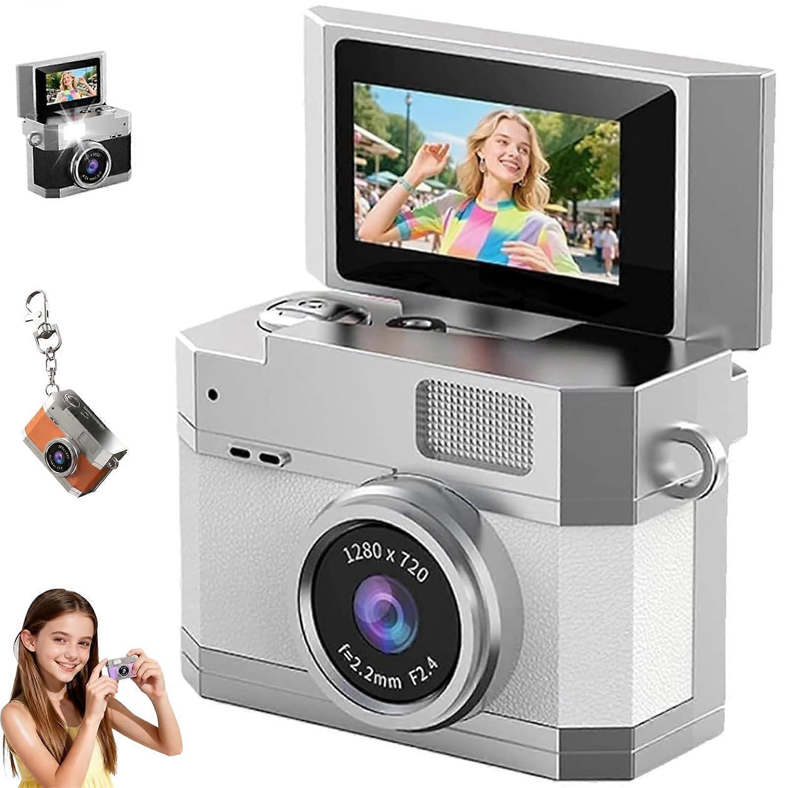 Mini Digital Camera with 180° Flip Screen, Retro CCD HD, 64GB, Compact Vlogging Camera White