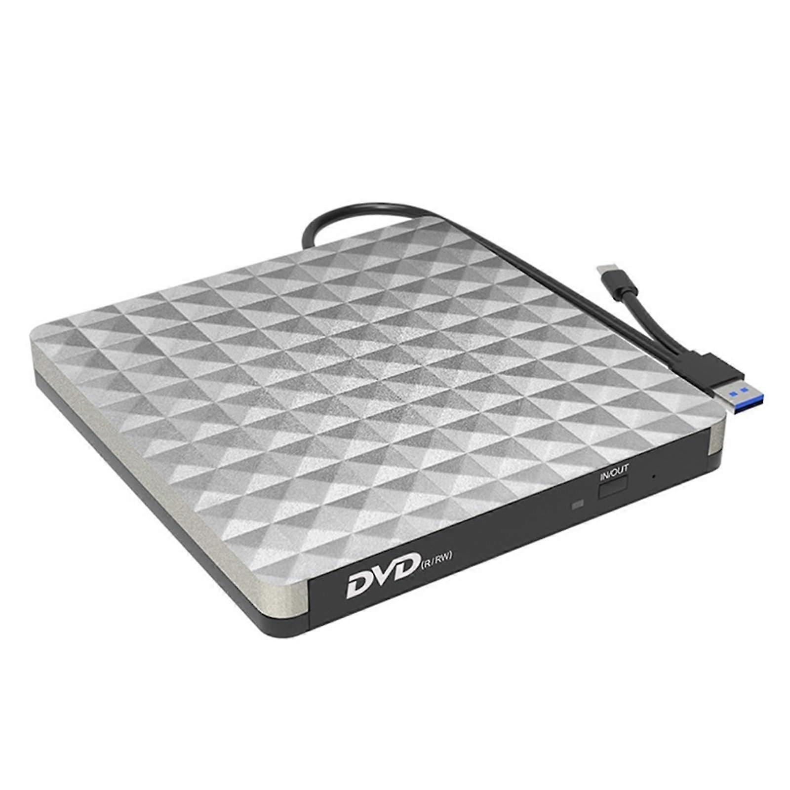 External DVD Drive USB 3.0 CD DVD Burner with TypeC Port Plug and Play Speed Silver