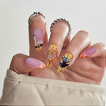 Halloween Press On Nails Almond Fake Nails Set 24 Pcs Glossy Bat Spider Web Design Reusable Tips